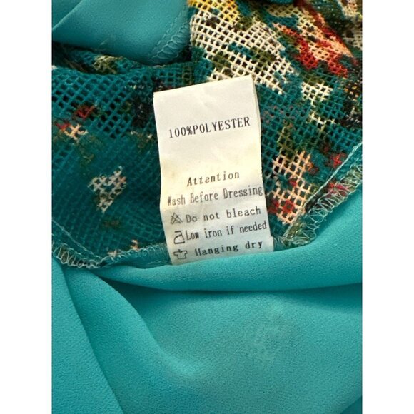 Western Top Button Up Turquoise Floral 3/4 Sleeve Open Back Beading Medium - Picture 6 of 7